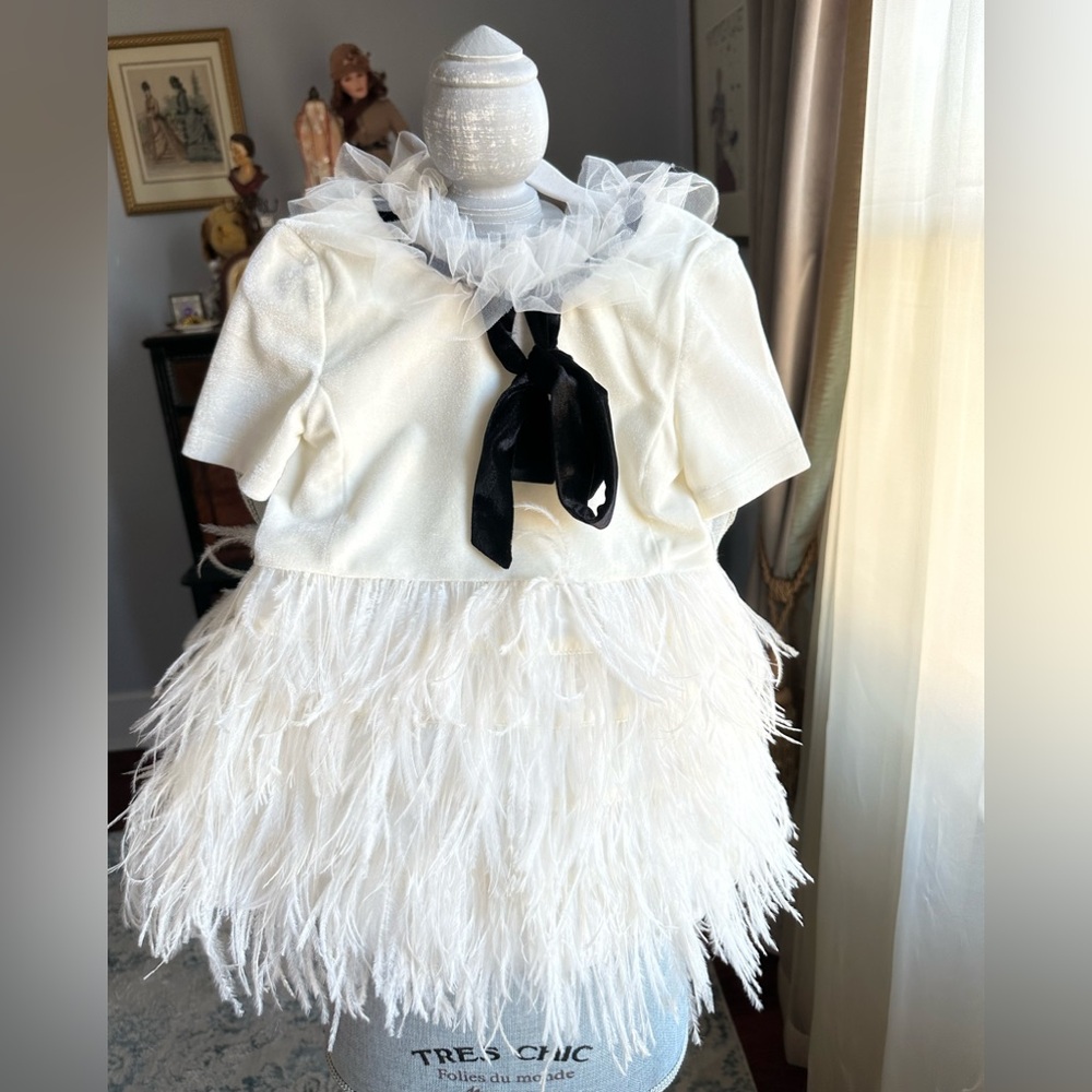 Petit Maison Girl White Dress with Real Ostrich Fur